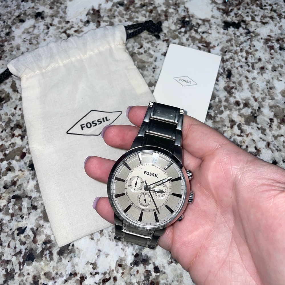Mens Fossil FS4359 Stainless Steel Bracelet Silver Analog Dial Chronograph Watch